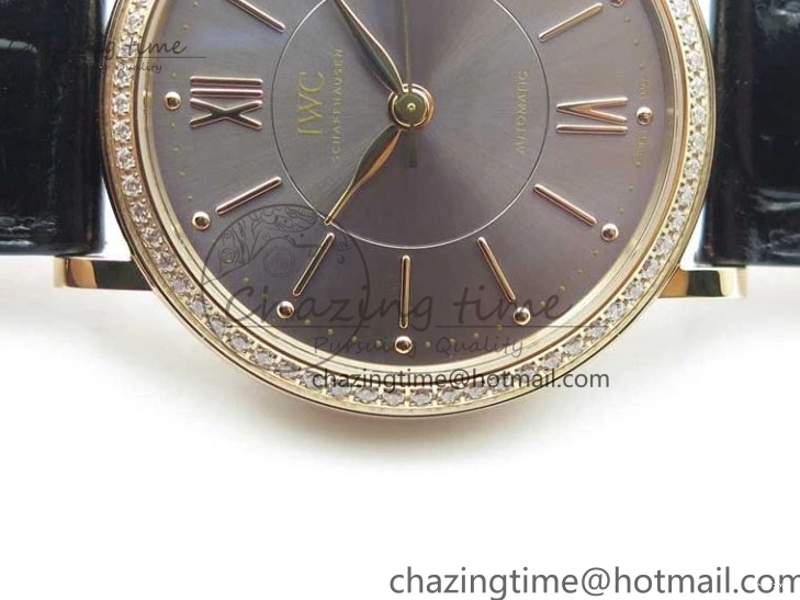 MIROTIME 1228 Durable Portofino 37mm RG V7F 1:1 Best Edition Gray Dial Diamonds Bezel on Black Leather Strap A 7089